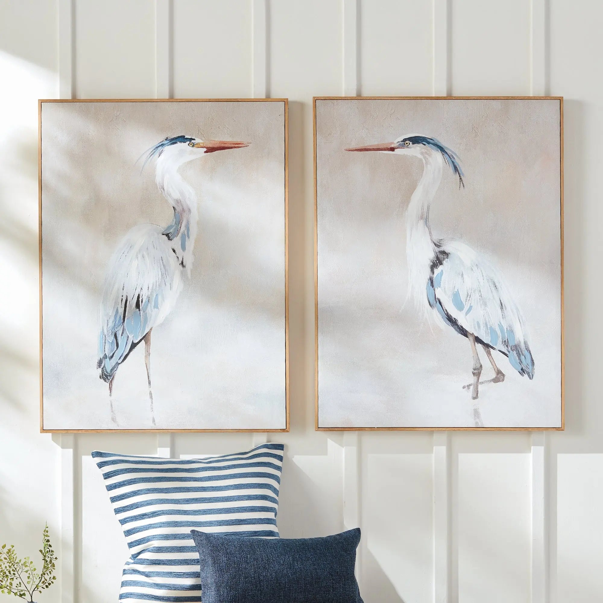 Set of two heron giclée prints on canvas with walnut wood frames