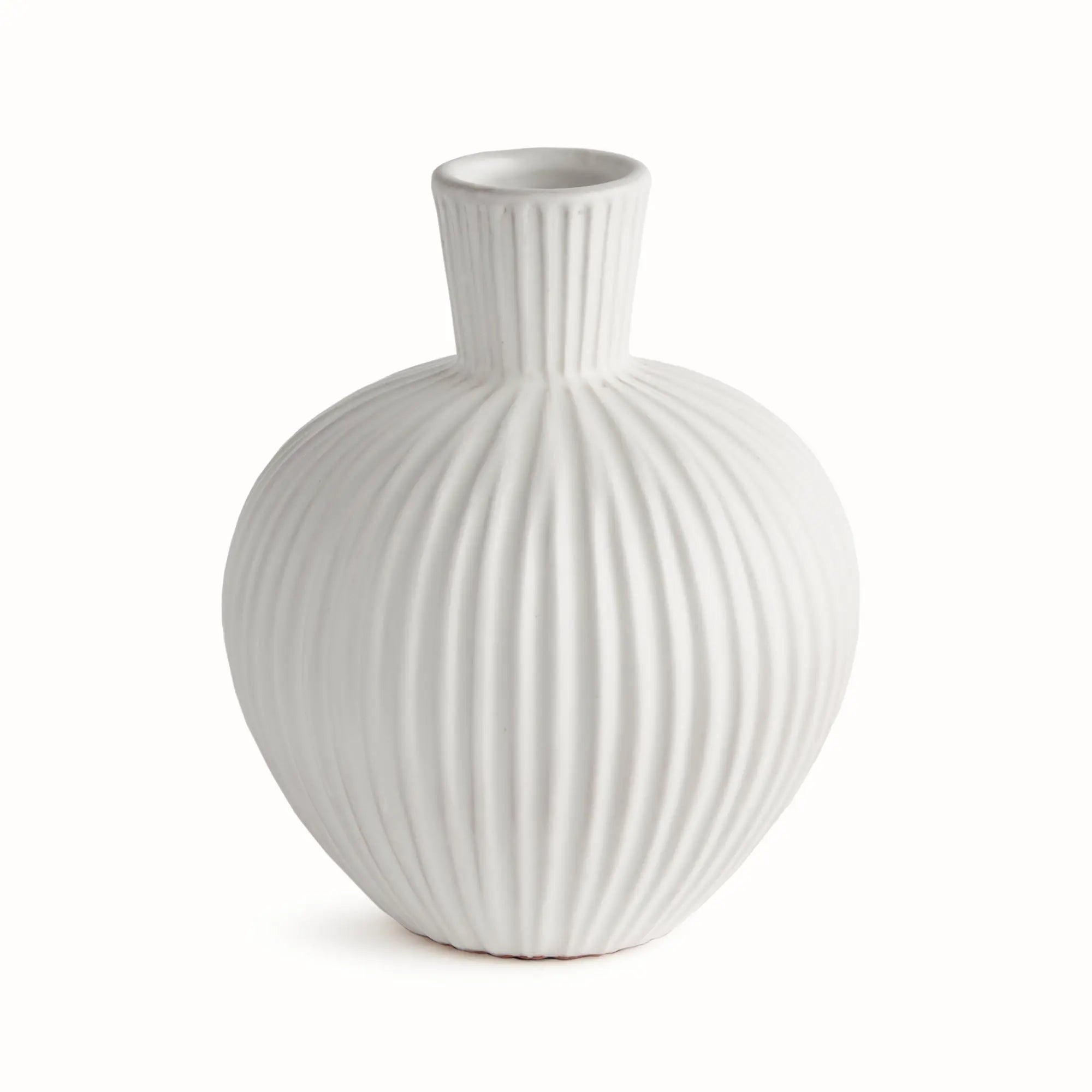 Large white ribbed ceramic Pravi Vase with bottle silhouette
