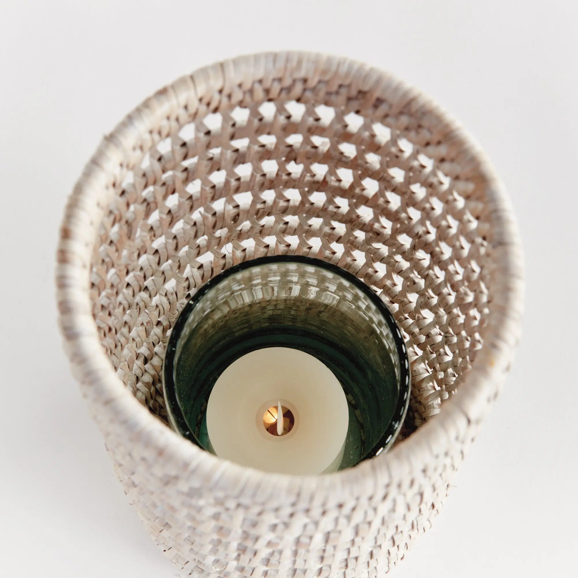Small Whitewash Rattan Hurricane with Glass Insert