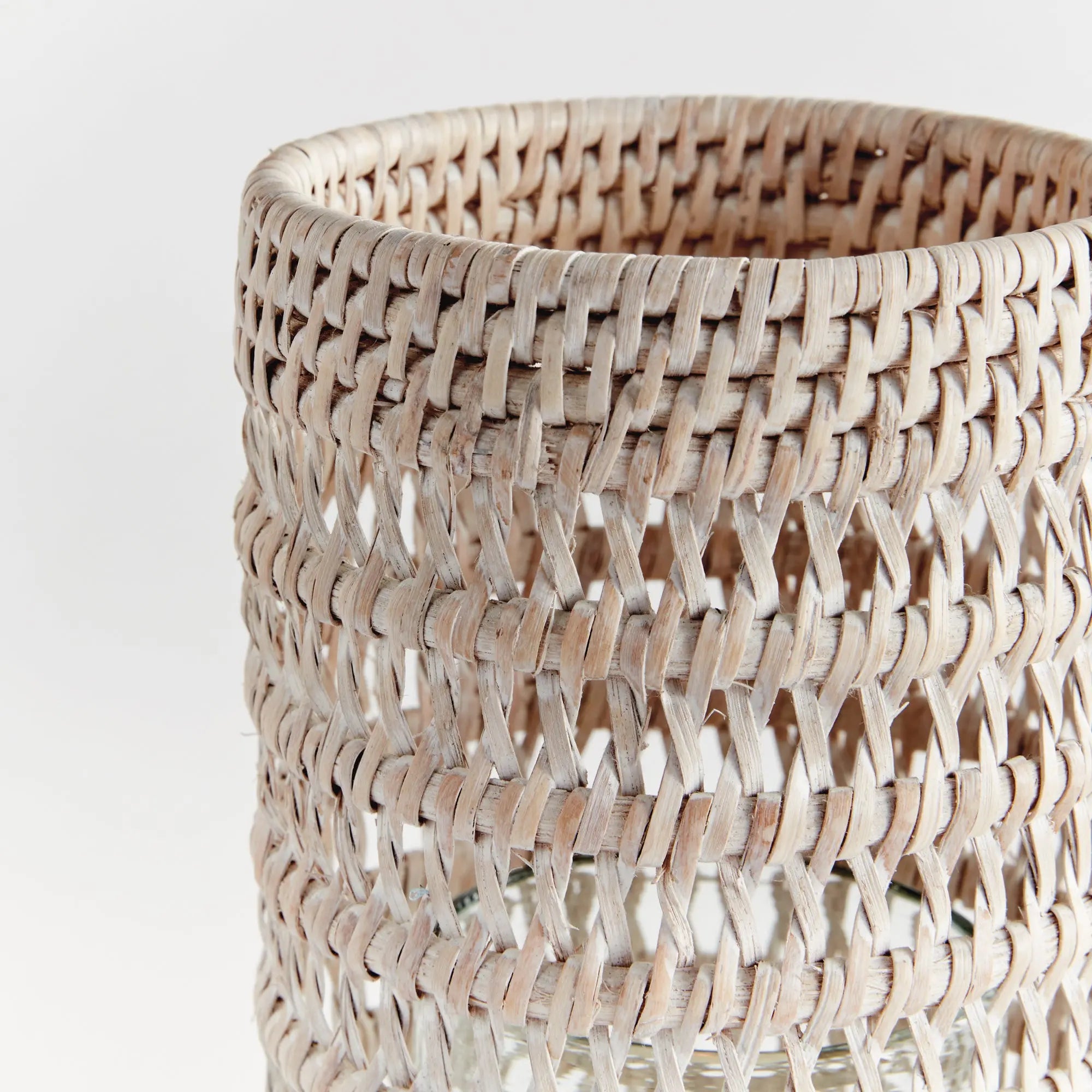 Small Whitewash Rattan Hurricane with Glass Insert