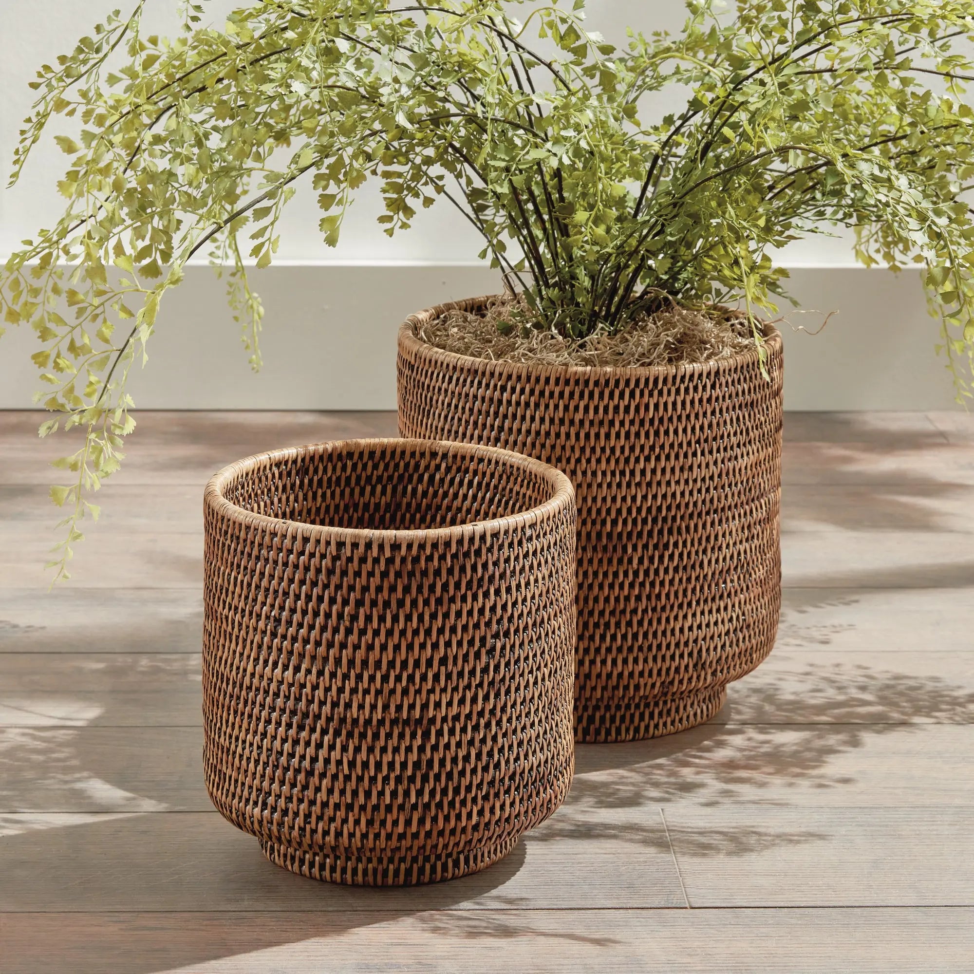 Burma Rattan Cachepot Set - 2 Handwoven Planters | Warm Brown - Villa Decor & Design