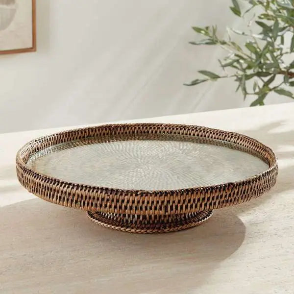 Burma Rattan Serving Stand - Glass Insert | Graywash, Whitewash, or Warm Brown Napa Home & Garden