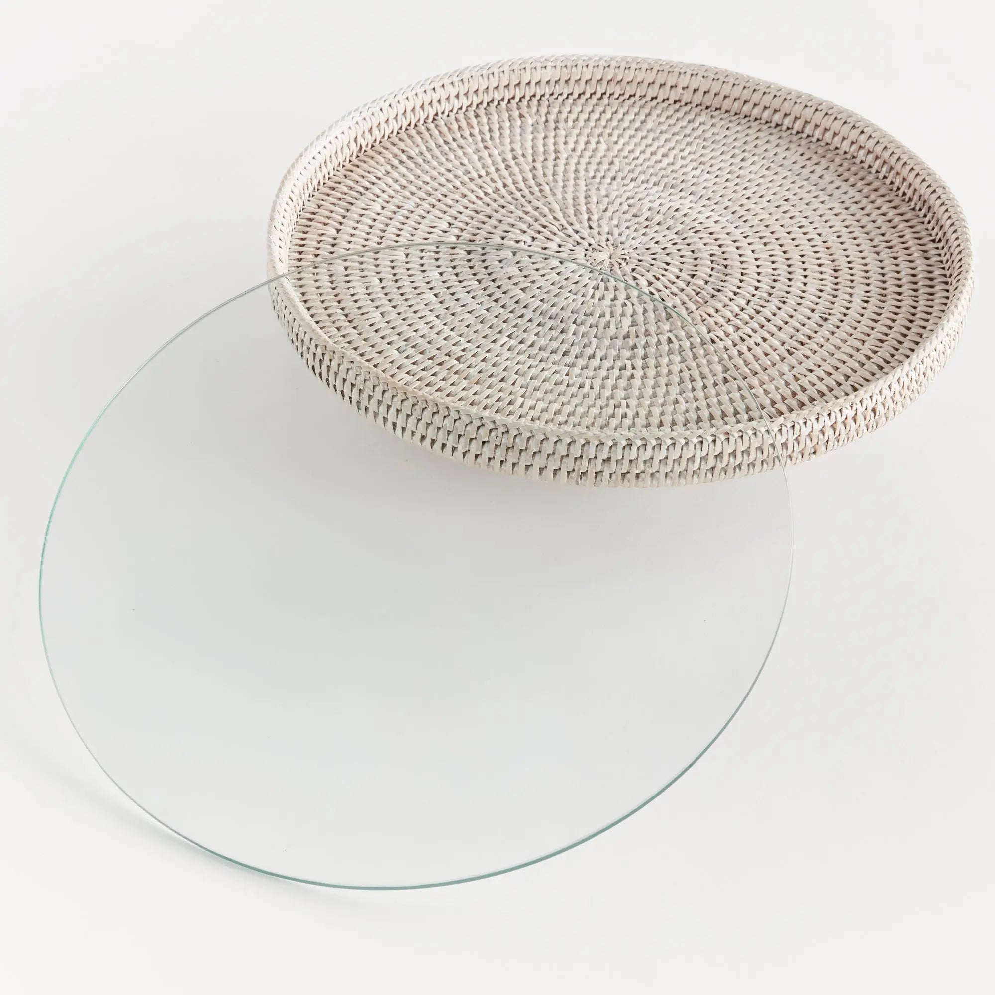 Whitewash Rattan Serving Stand with Glass Insert