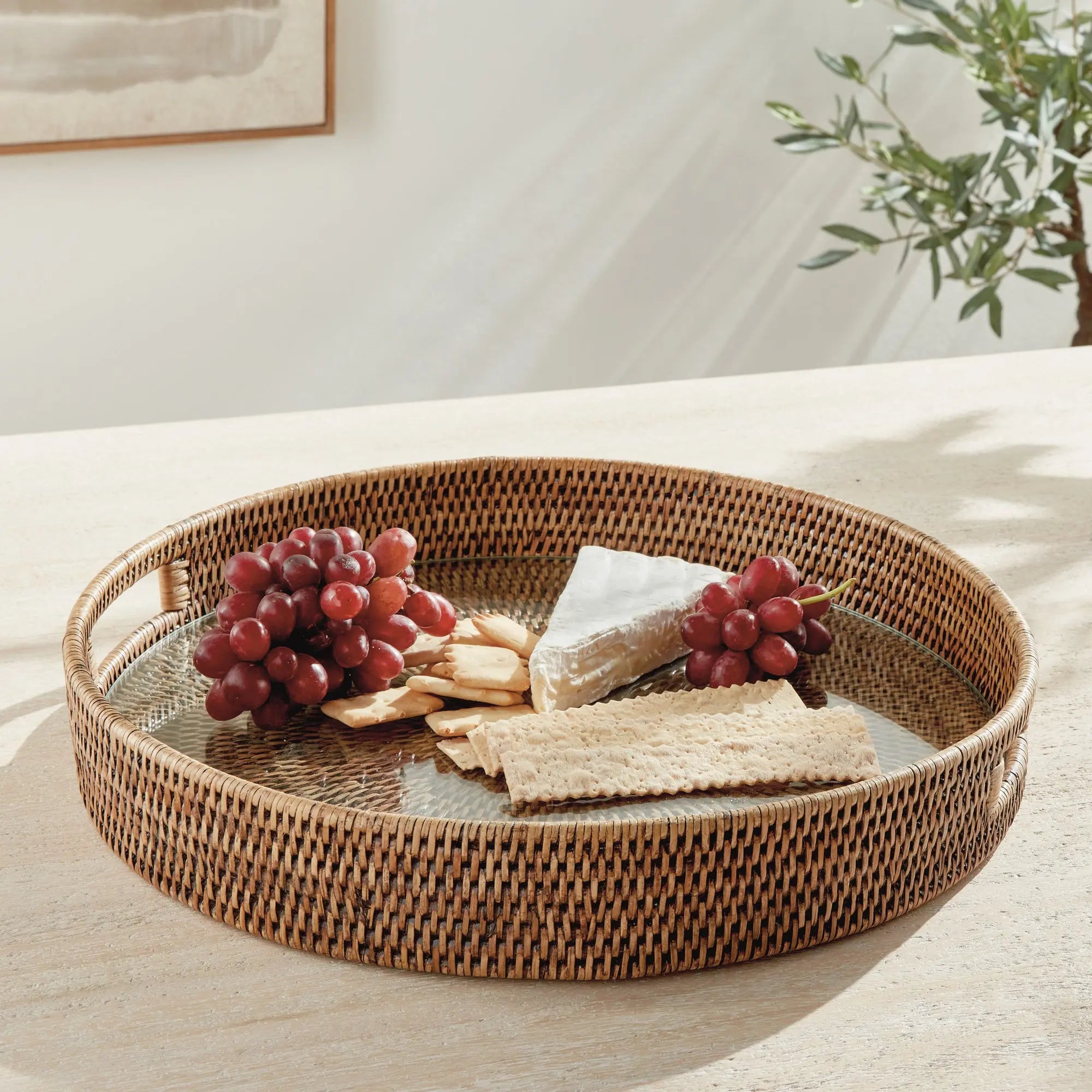 Burma Rattan Round Serving Tray - Warm Brown - LARGE