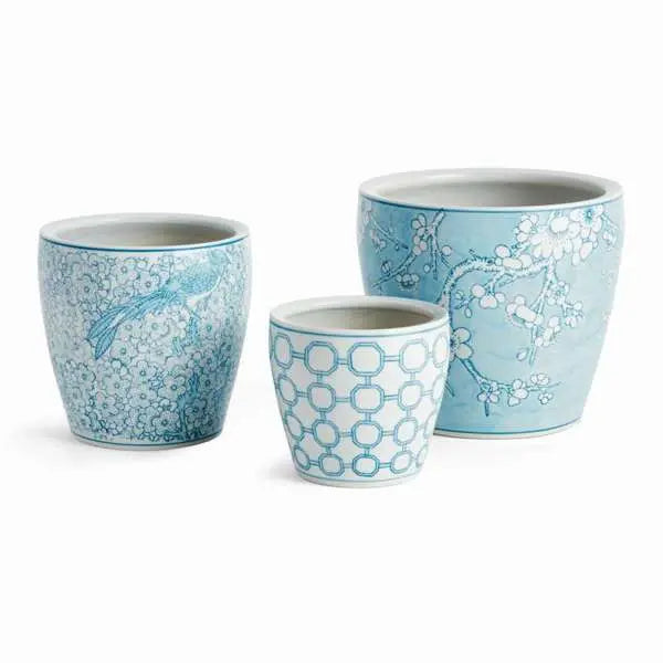 Monarch Flower Pots - Set of 3 Blue & White Porcelain Planters - Villa Decor & Design