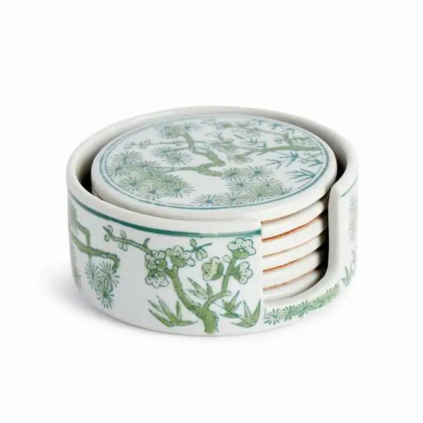 Imperial Coasters - Set of 6 Green & White Chinoiserie Ceramic Coasters - Villa Decor & Design