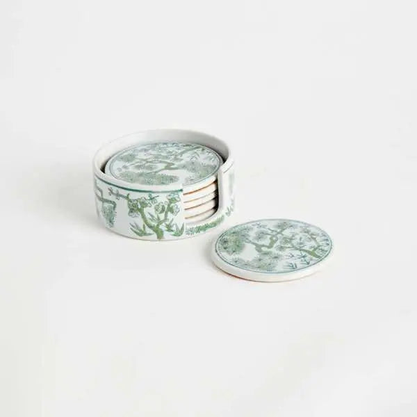 Imperial Coasters - Set of 6 Green & White Chinoiserie Ceramic Coasters - Villa Decor & Design
