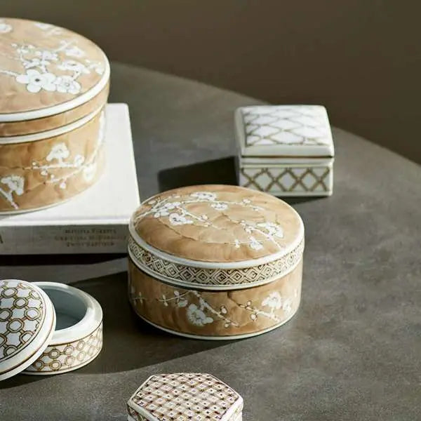 Province Empress Round Lidded Catchall Box (Small or Large) | Taupe Chinoiserie Porcelain Catchall Box Villa Decor & Design