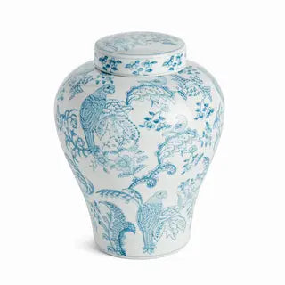 Monarch Parrot Ginger Jar - Light Blue & White Hand-Painted Porcelain - Villa Decor & Design
