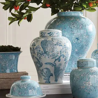 Monarch Parrot Ginger Jar - Light Blue & White Hand-Painted Porcelain - Villa Decor & Design