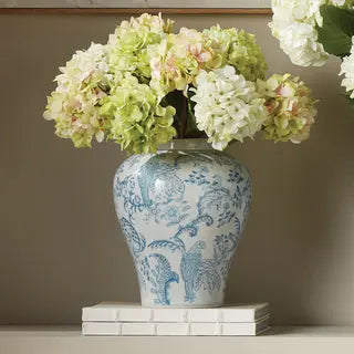 Monarch Parrot Ginger Jar - Light Blue & White Hand-Painted Porcelain - Villa Decor & Design
