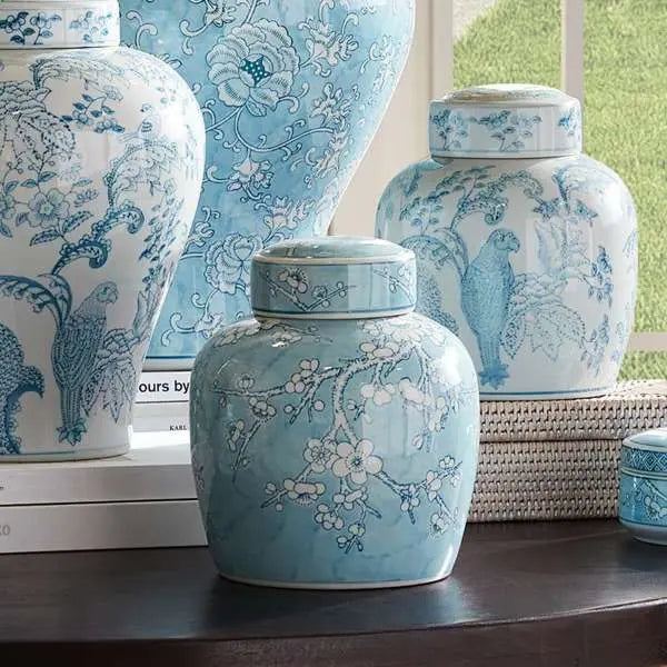Monarch Empress Lidded Jar - Blue & White Parrot Motif Porcelain Jar - Villa Decor & Design