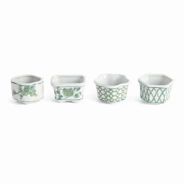 Imperial Assorted Mini Pots - Set of 4 Green & White Chinoiserie Ceramics - Villa Decor & Design