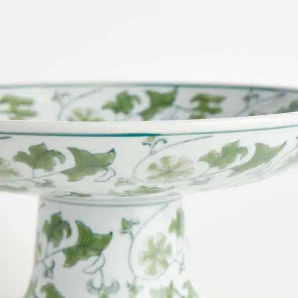Imperial Foliage Compote - Green & White Chinoiserie Porcelain Pedestal Bowl - Villa Decor & Design