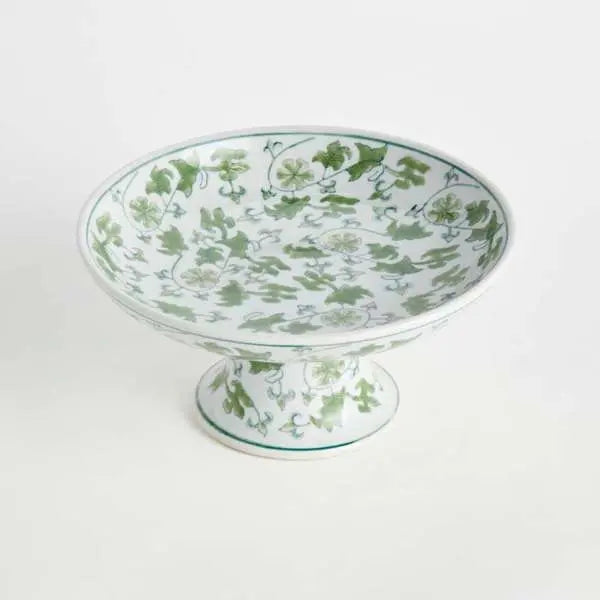Imperial Foliage Compote - Green & White Chinoiserie Porcelain Pedestal Bowl - Villa Decor & Design