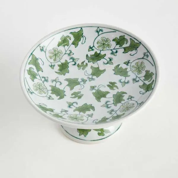 Imperial Foliage Compote - Green & White Chinoiserie Porcelain Pedestal Bowl - Villa Decor & Design