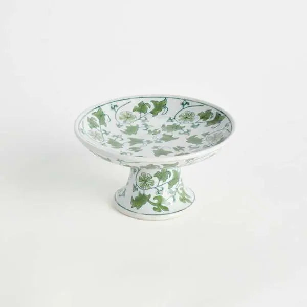 Imperial Foliage Compote - Green & White Chinoiserie Porcelain Pedestal Bowl - Villa Decor & Design