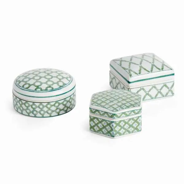 Imperial Lidded Boxes - Set of 3 Green & White Chinoiserie Porcelain Boxes - Villa Decor & Design