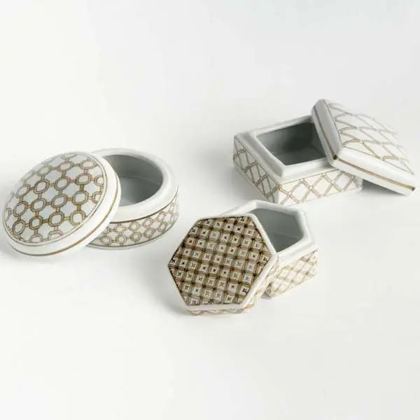 Province Lidded Boxes ST/3 | Taupe Chinoiserie Porcelain Lidded Boxes Napa Home & Garden