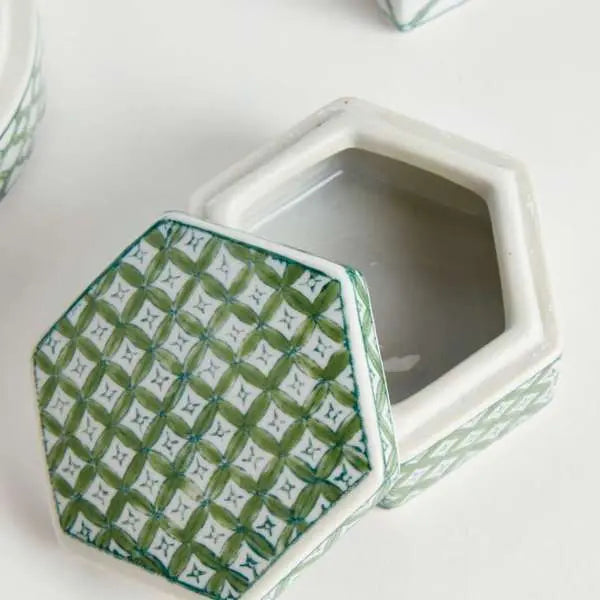 Imperial Lidded Boxes - Set of 3 Green & White Chinoiserie Porcelain Boxes - Villa Decor & Design