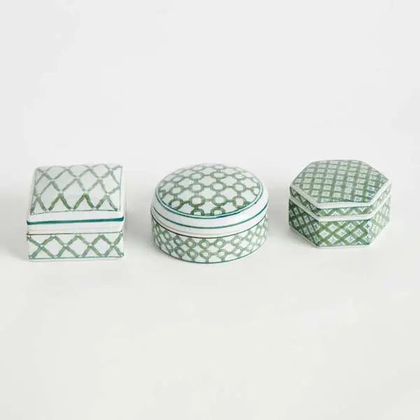 Imperial Lidded Boxes - Set of 3 Green & White Chinoiserie Porcelain Boxes - Villa Decor & Design