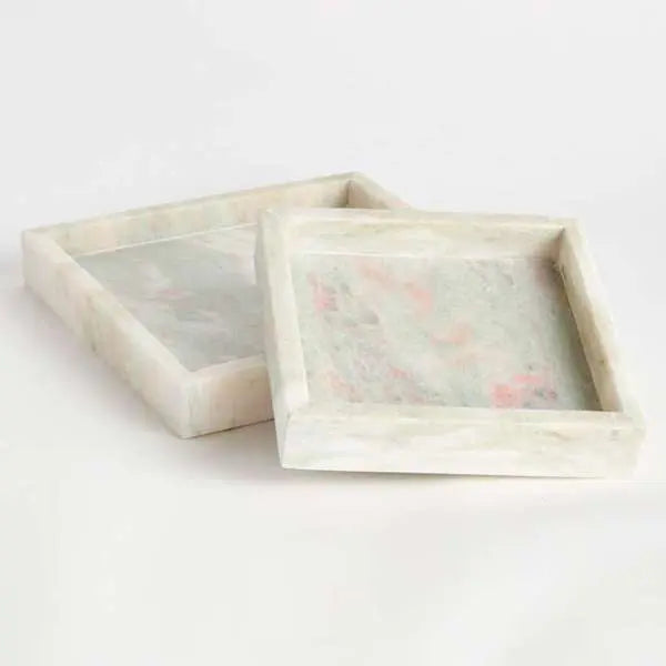 Johanna Square Marble Trays - Set of 2 Green & Pink Veined Marble Trays - Villa Decor & Design