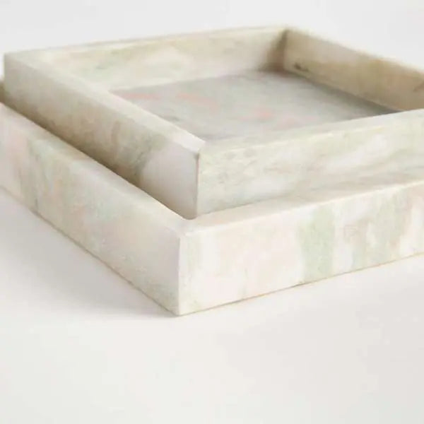 Johanna Square Marble Trays - Set of 2 Green & Pink Veined Marble Trays - Villa Decor & Design
