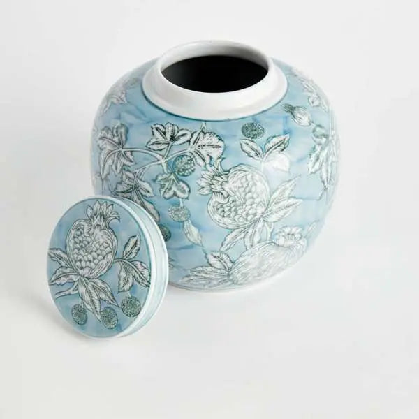 Pomegranate Sketch Lidded Jar | Blue and White Porcelain Jar - Villa Decor & Design