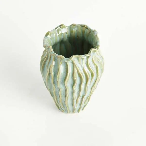 Esmeralda Vase - 10" Sculptural Reactive Green Ceramic Vase - Villa Decor & Design
