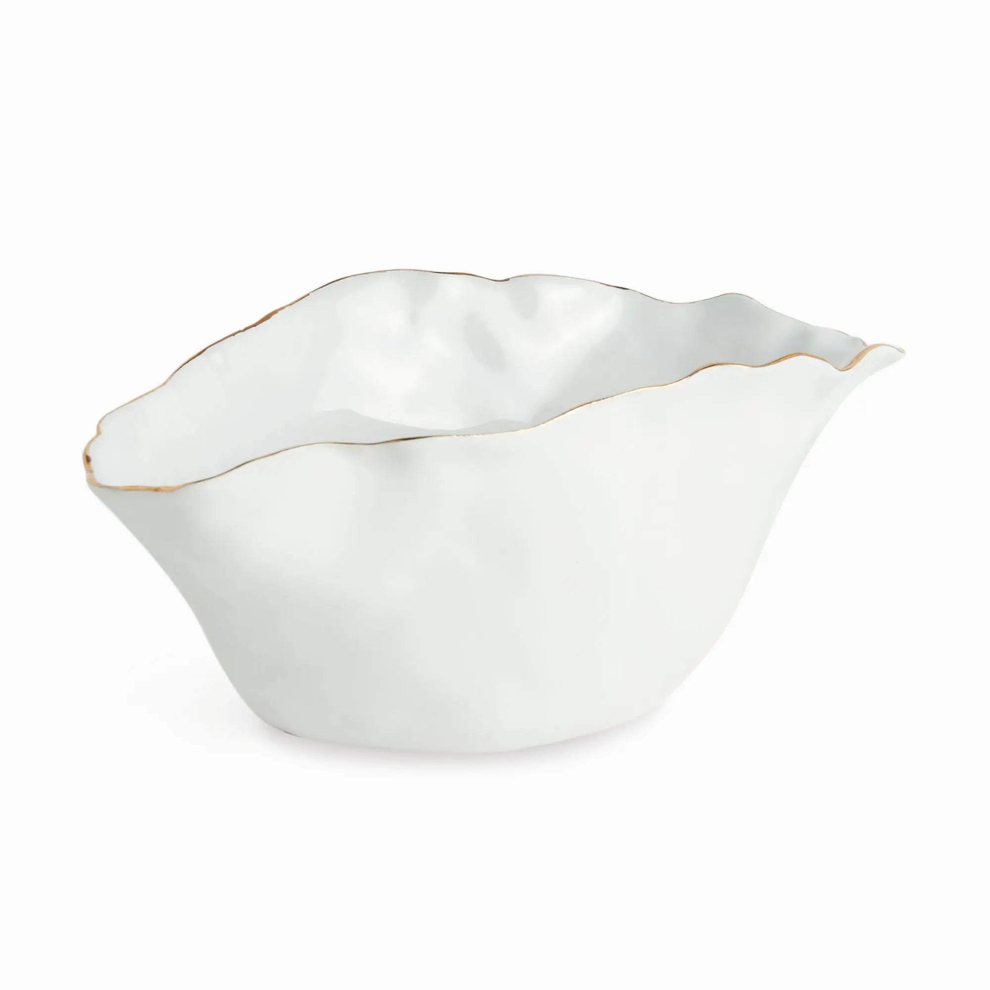 Mackenna Wide Vase - Crimped White & Gold Ceramic Centerpiece - Villa Decor & Design