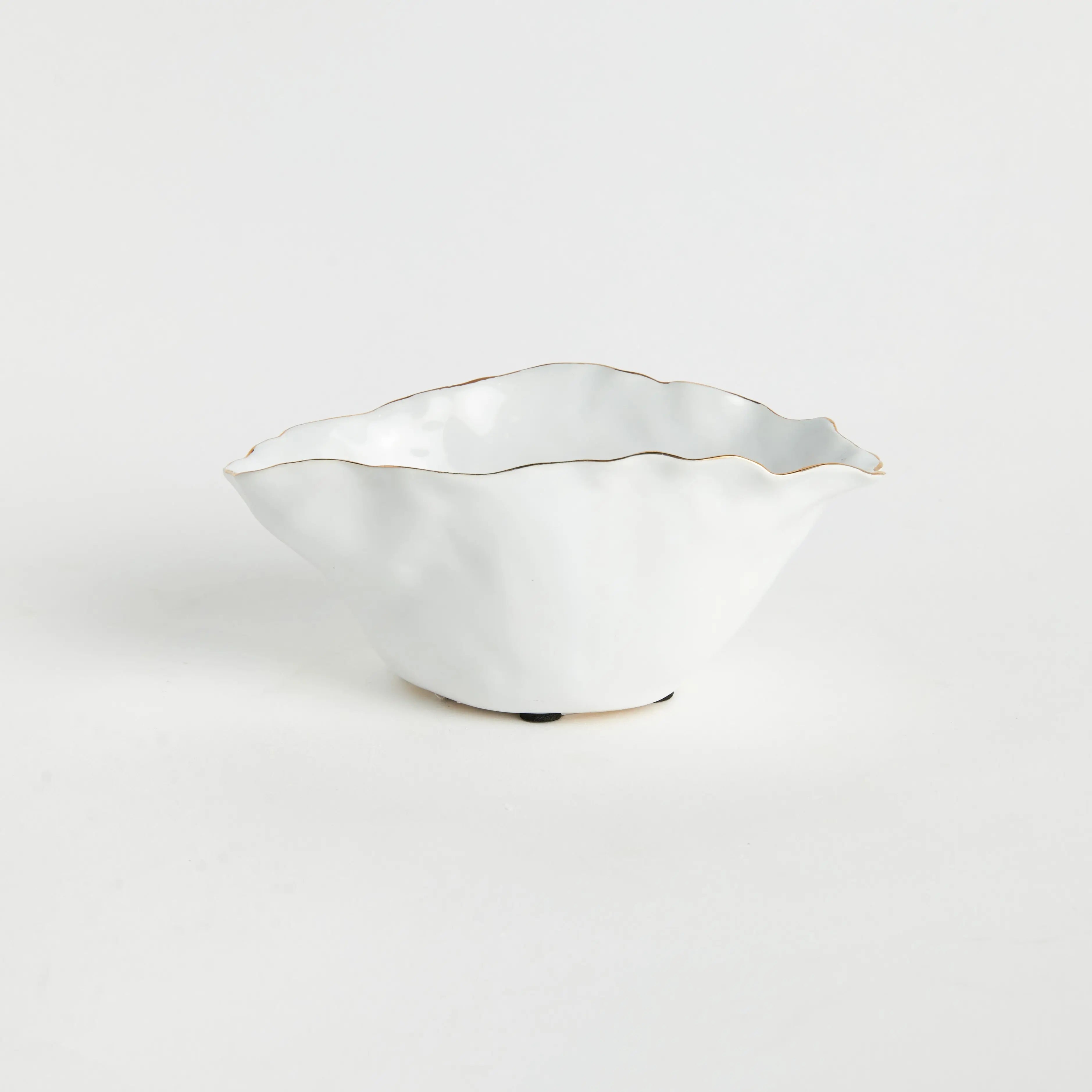 Mackenna Wide Vase - Crimped White & Gold Ceramic Centerpiece - Villa Decor & Design