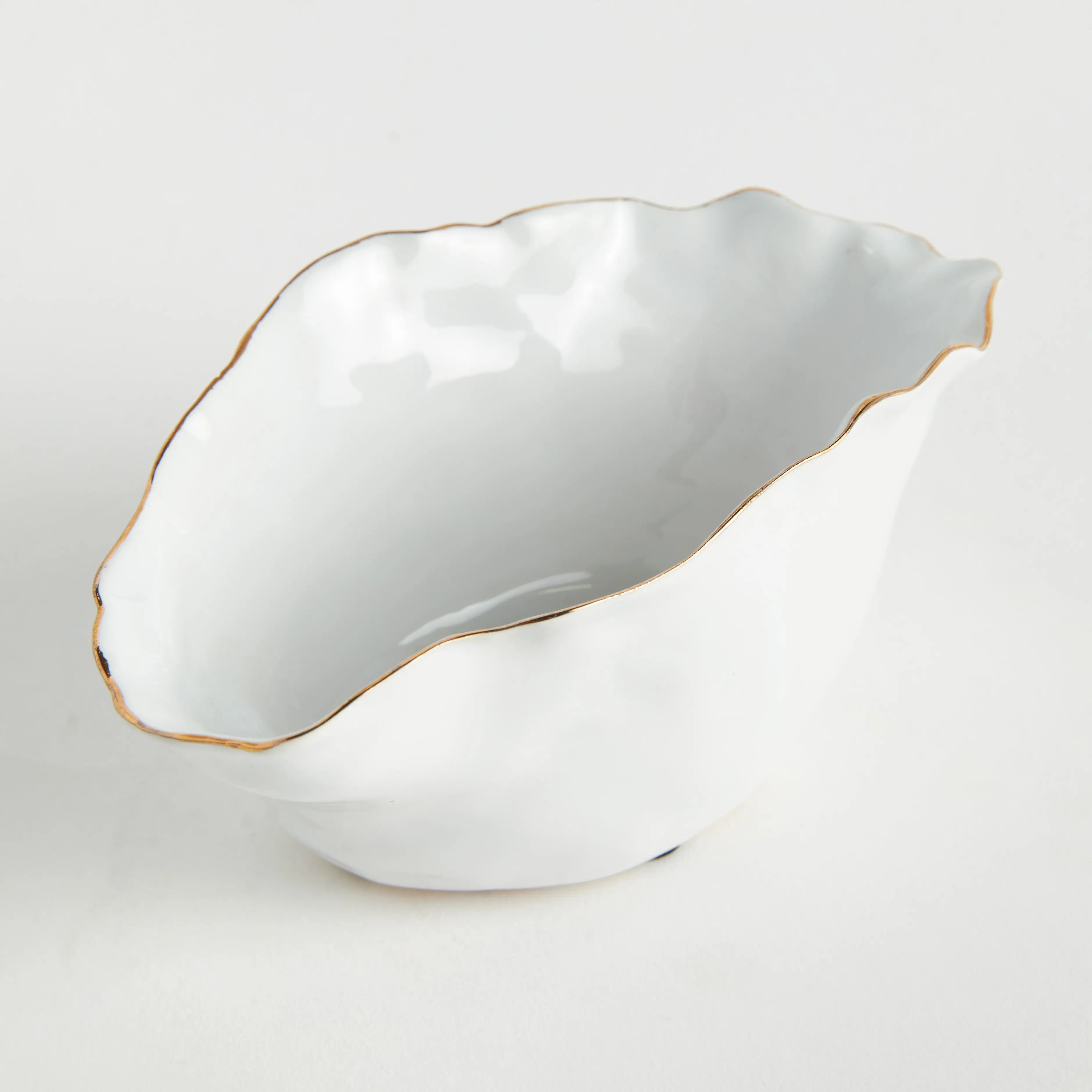 Mackenna Wide Vase - Crimped White & Gold Ceramic Centerpiece - Villa Decor & Design