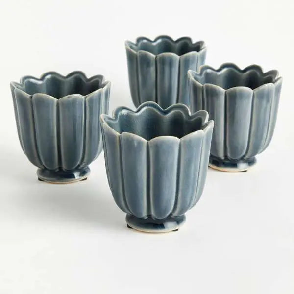 Freya Mini Pots - Set of 4 Scalloped Reactive Glaze Planters (Green or Teal) - Villa Decor & Design