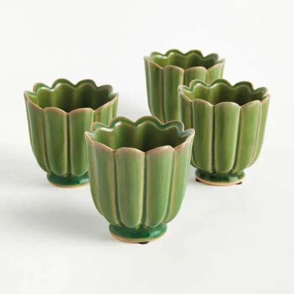 Freya Mini Pots - Set of 4 Scalloped Reactive Glaze Planters (Green or Teal) - Villa Decor & Design