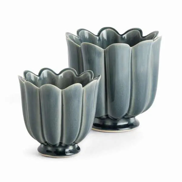 Freya Pots - Set of 2 Scalloped Reactive Glaze Planters (Green or Teal) - Villa Decor & Design