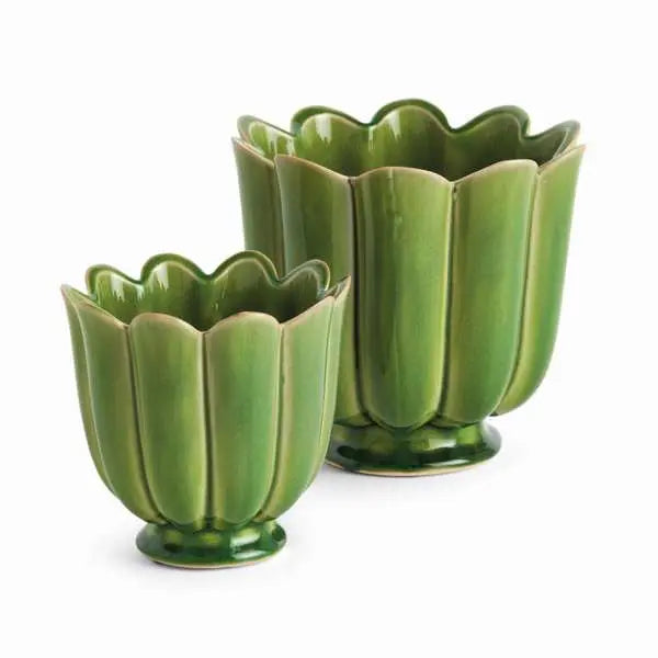 Freya Pots - Set of 2 Scalloped Reactive Glaze Planters (Green or Teal) - Villa Decor & Design