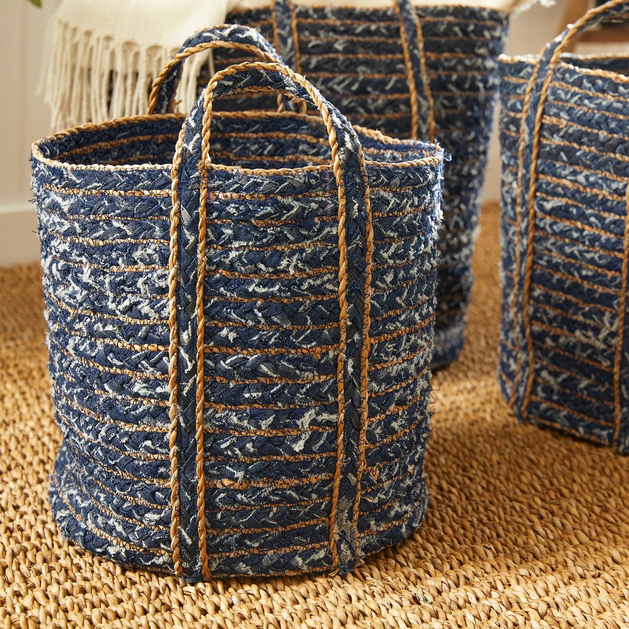 DENIM ROUND BASKETS, SET OF 3 Villa Decor & Design