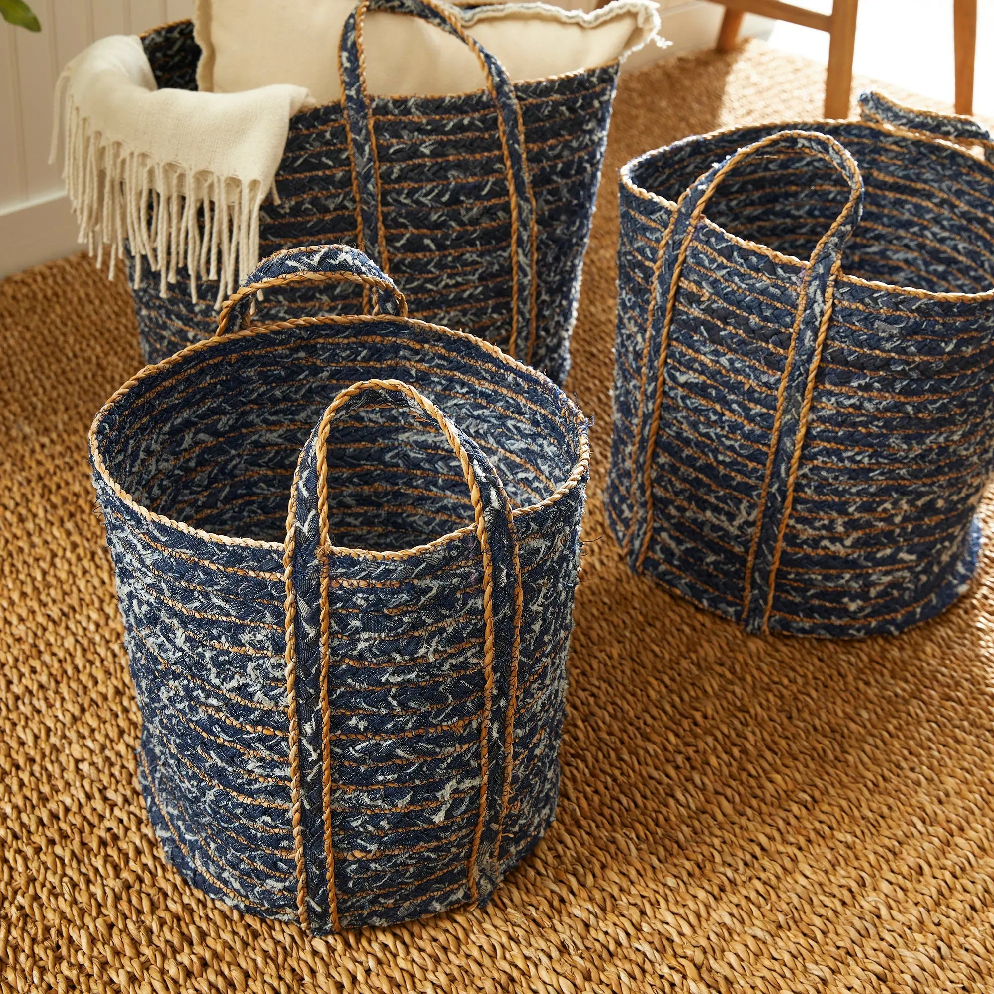 DENIM ROUND BASKETS, SET OF 3 Villa Decor & Design