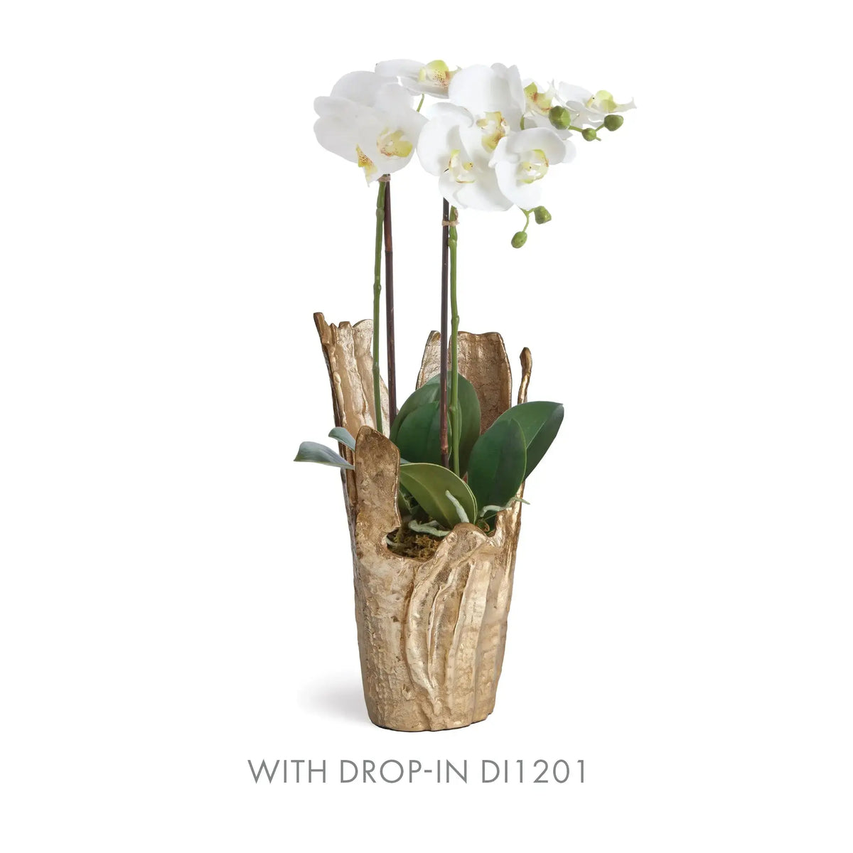 Arbre gold vase with a white orchid drop-in arrangement