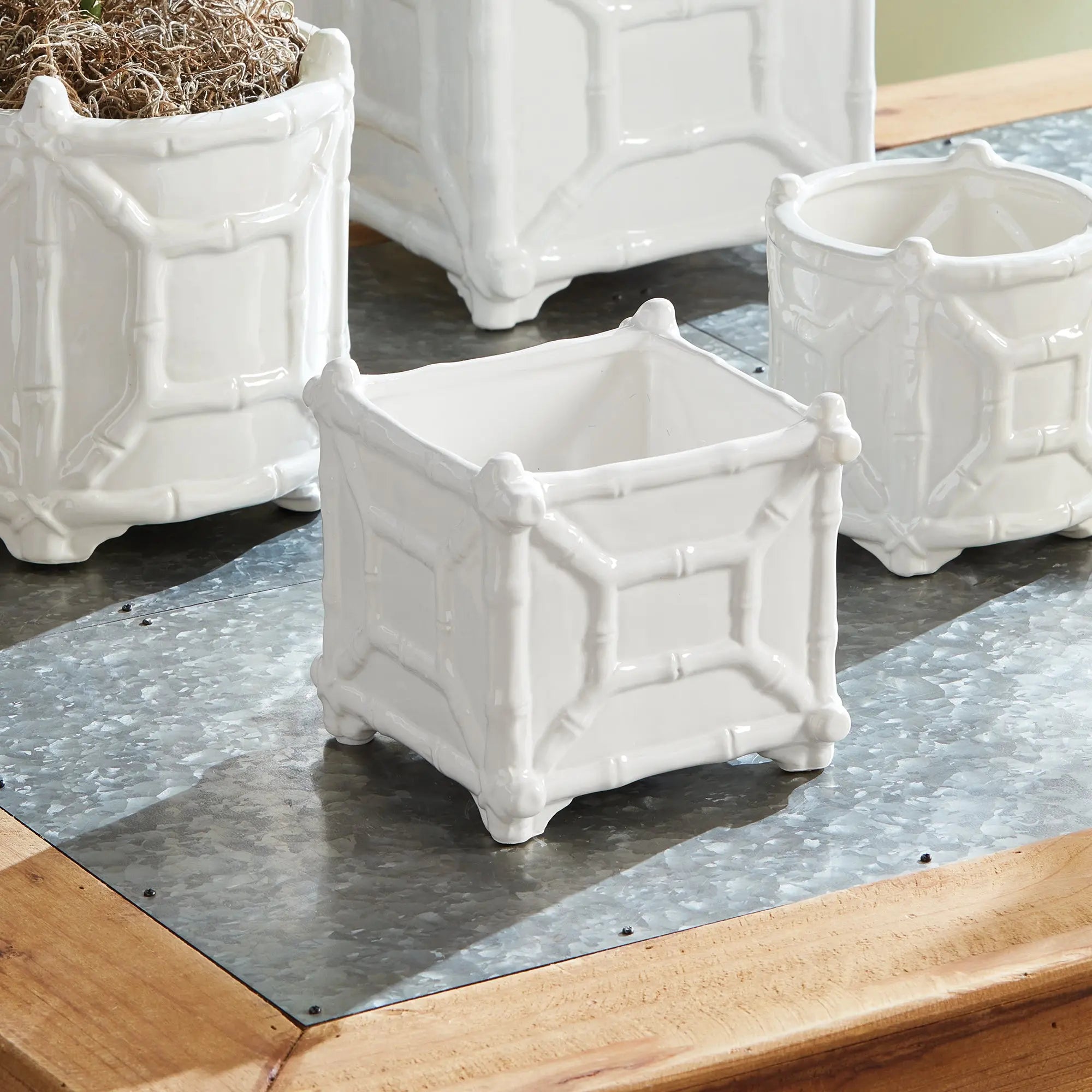 Chinoiserie Bamboo Cachepot - Classic White Ceramic Planter (Small or Large) - Villa Decor & Design