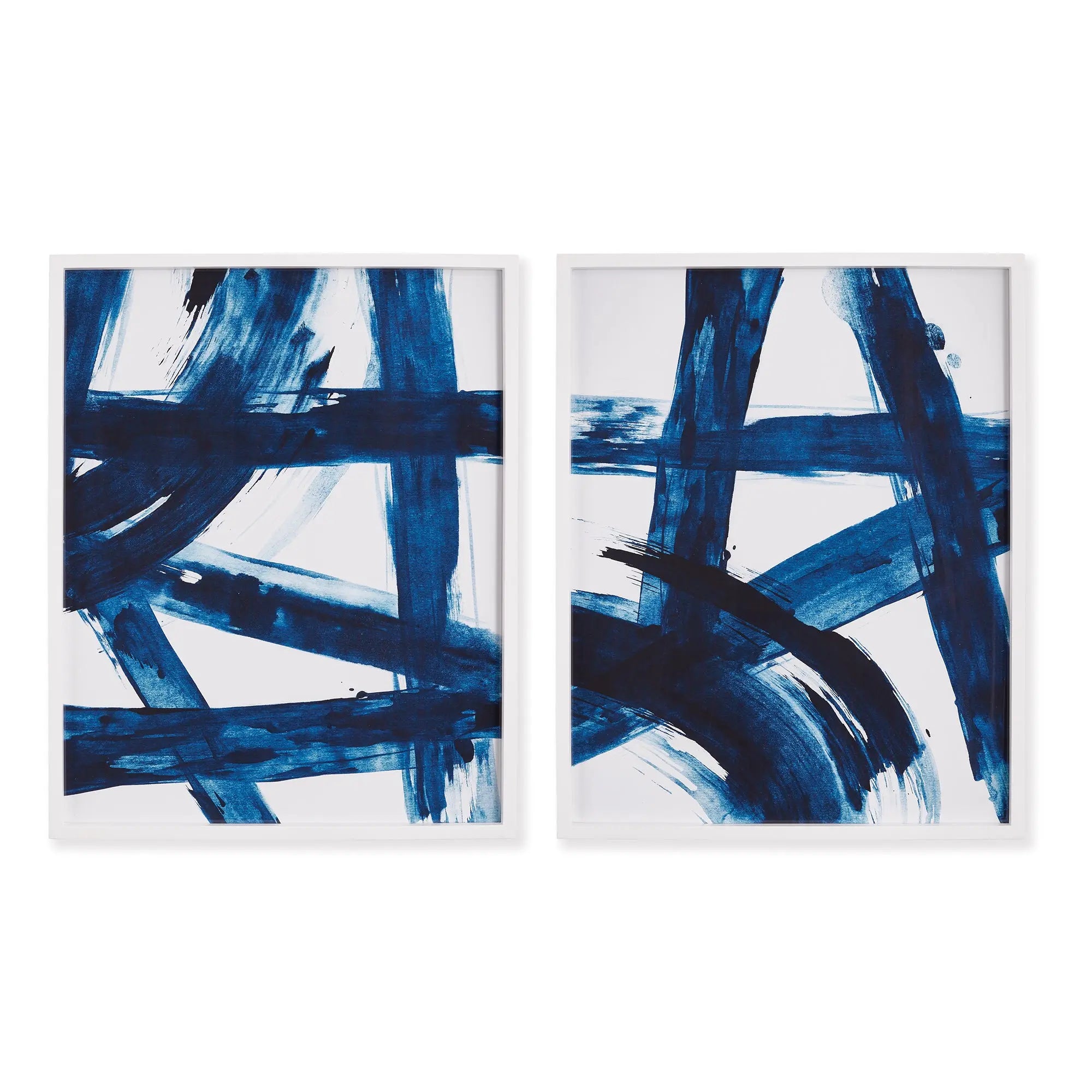Set of 2 indigo abstract prints in natural wood frames with white background