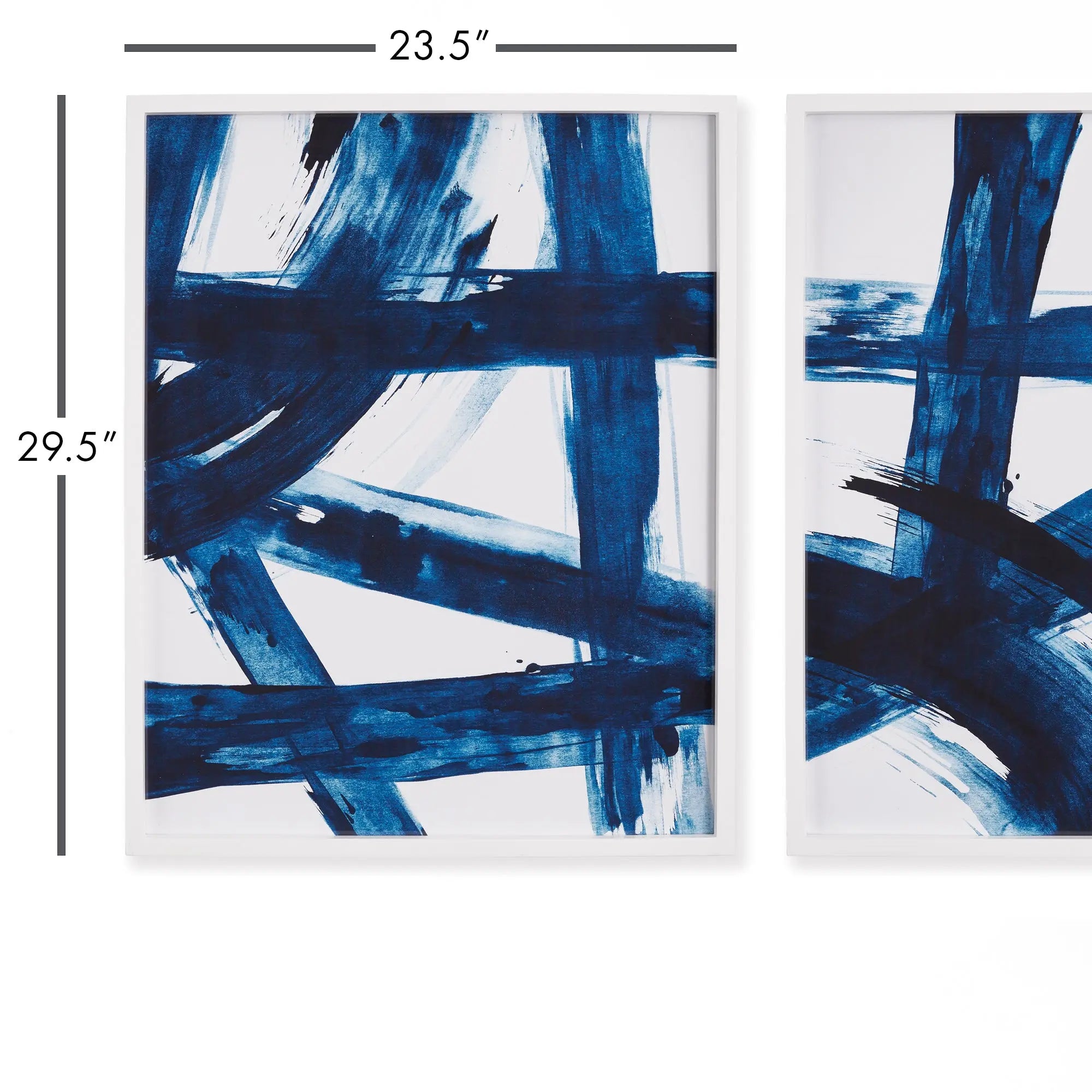 Set of 2 indigo abstract prints in natural wood frames with white background