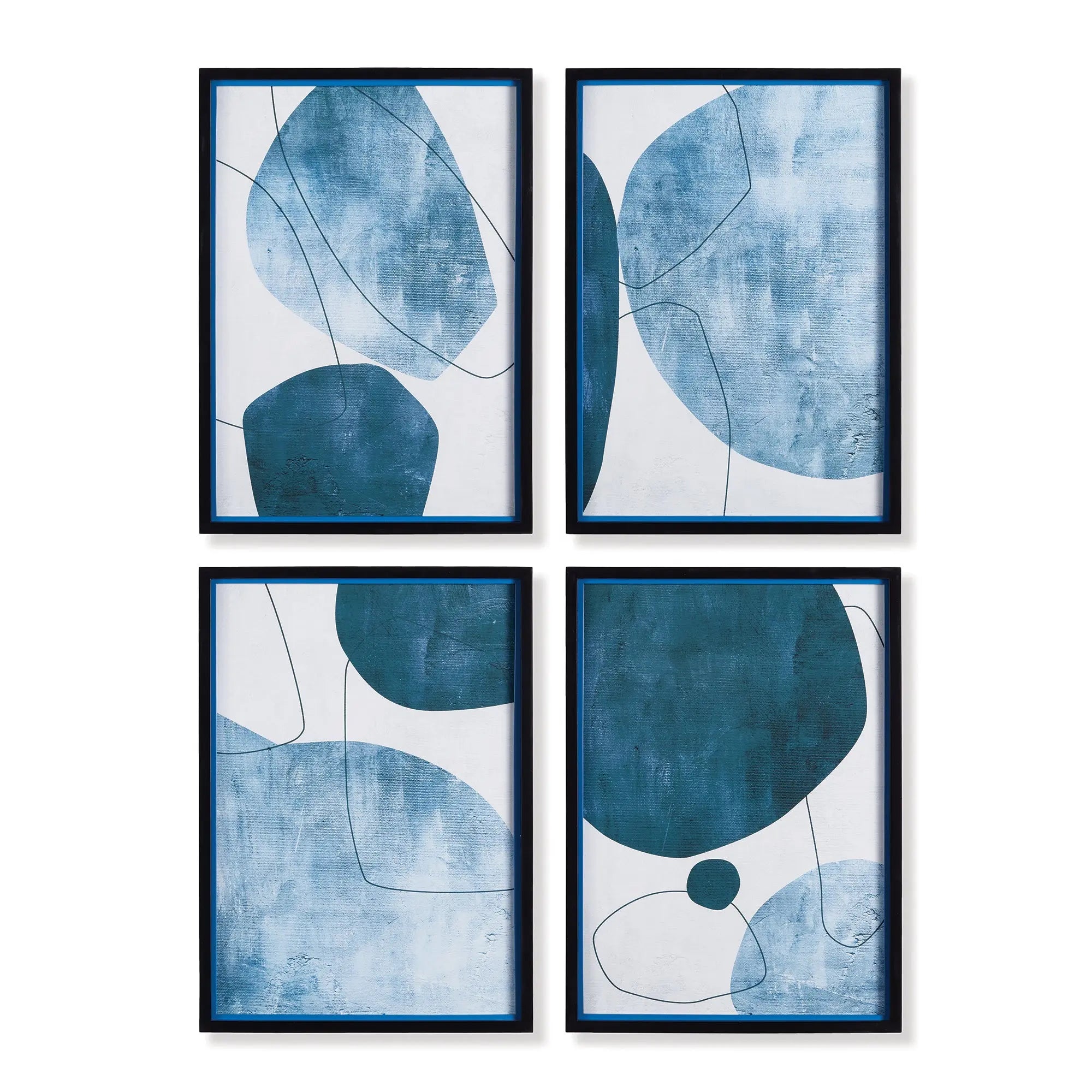 Set of four contemporary abstract wall art prints with black shadowbox frames, featuring white, black, and blue geometric lines and shapes.