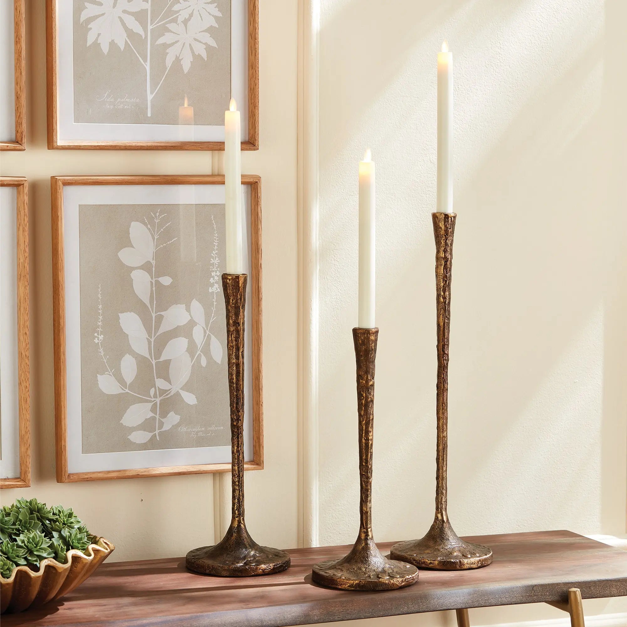 Burke Modern Taper Candle Holders – Set of 3 (White Ash Gold or Antique Brass) - Villa Decor & Design