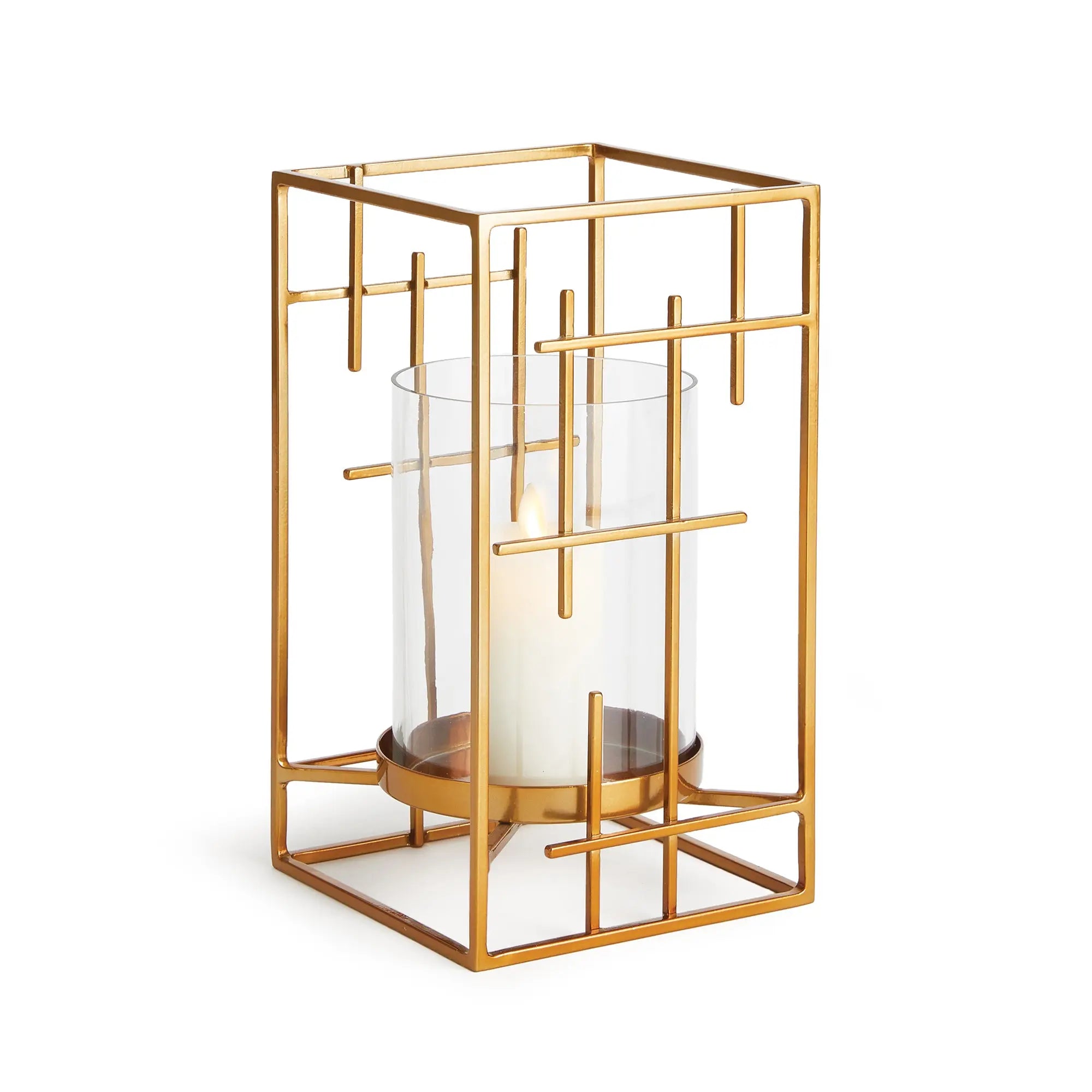 Geometric Gold Hurricane with Mondrian inspired iron lines and clear glass insert on a modern console – Villa Decor & Design