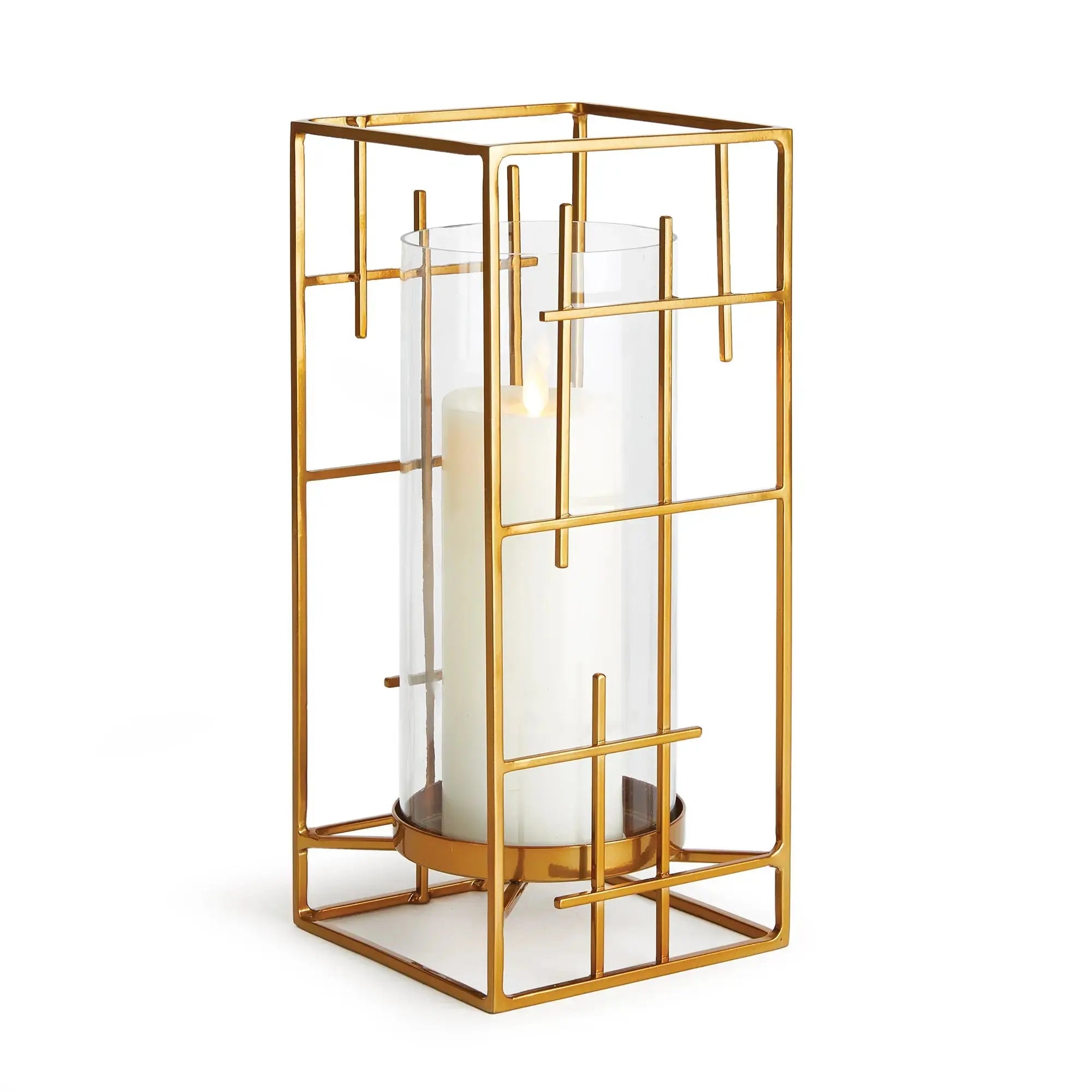 Geometric Gold Hurricane with Mondrian inspired iron lines and clear glass insert on a modern console – Villa Decor & Design