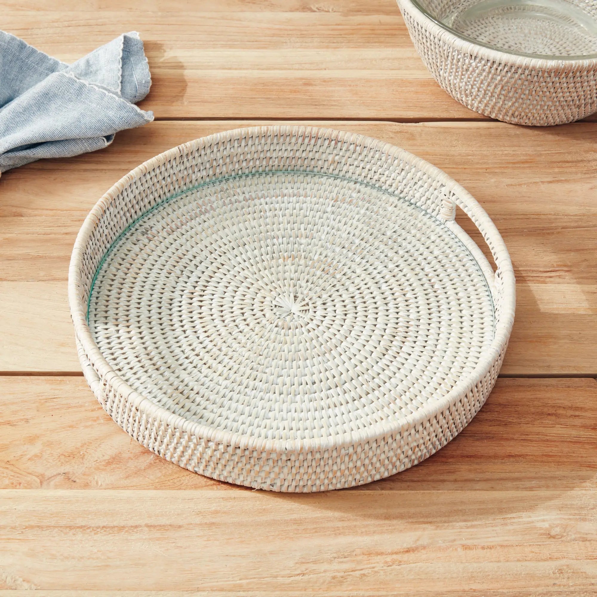 Burma Rattan Round Serving Tray - Whitewash MEDIUM