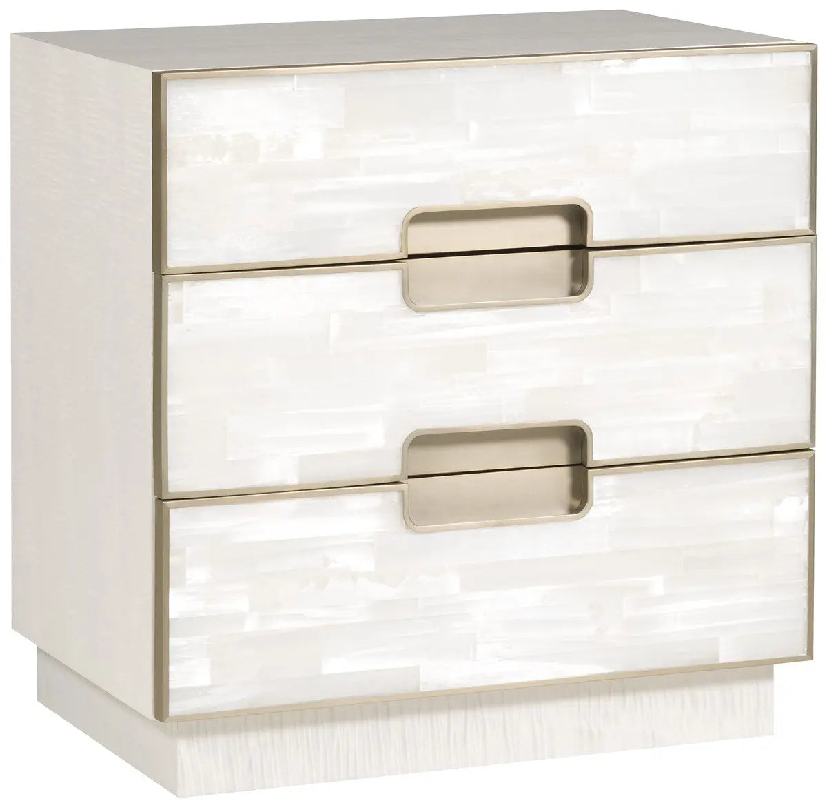Luxurious 28-inch Splendor Nightstand with three natural white Selenite drawer fronts, a bleached figured maple wood frame in Sea Salt finish, and bronze metal accents.