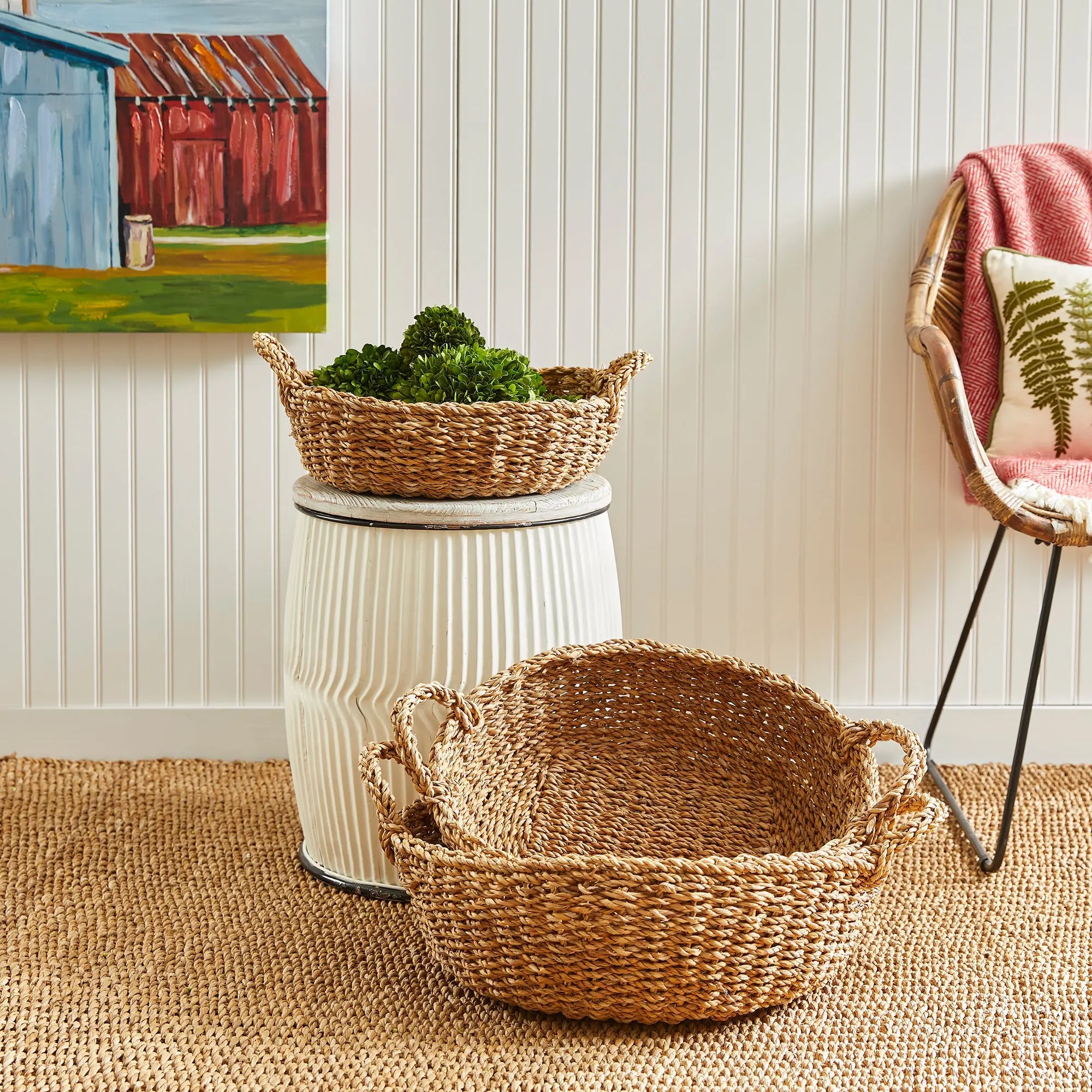 SEAGRASS SHALLOW BASKETS WITH HANDLES, SET OF 3 Villa Decor & Design