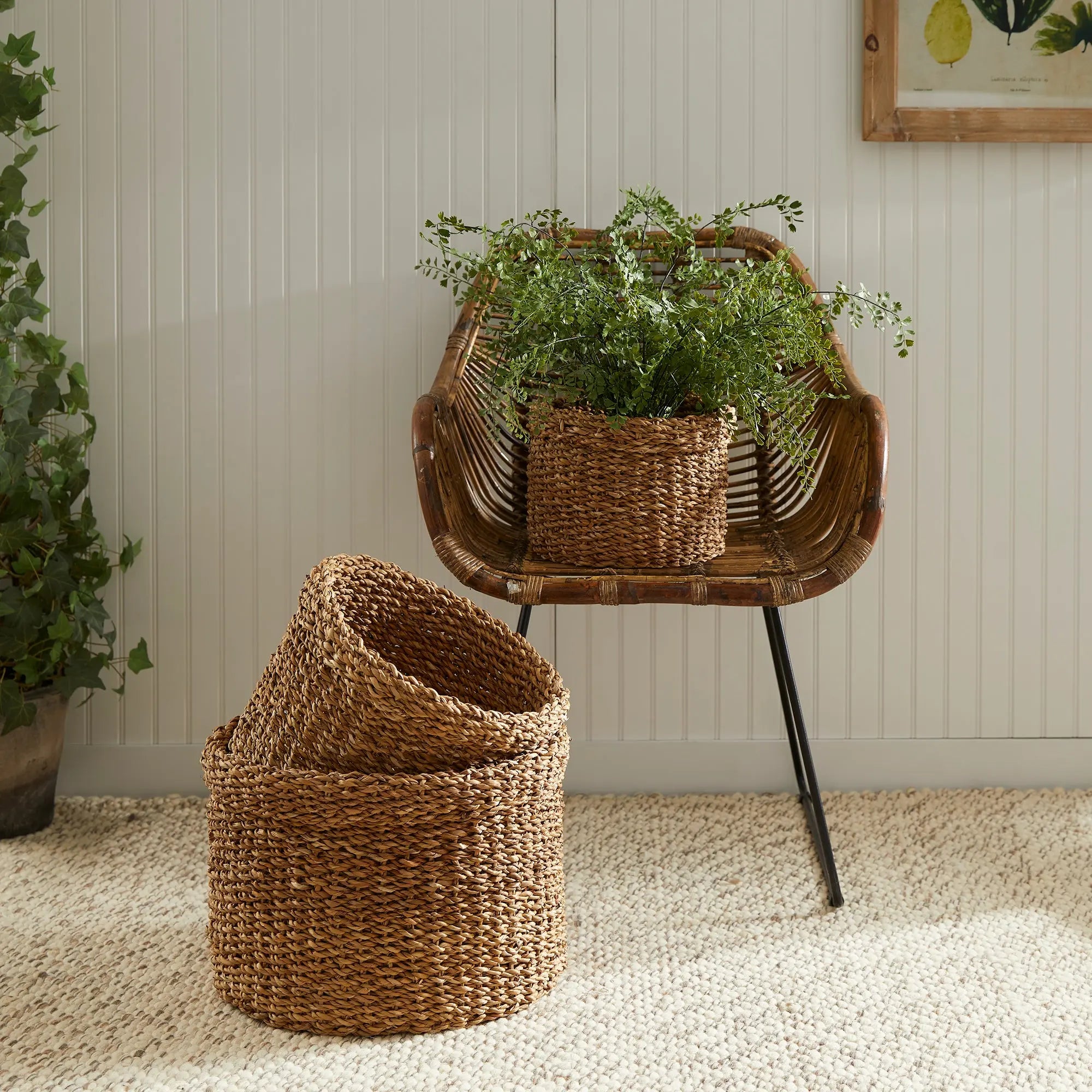 SEAGRASS ROUND BASKETS WITH CUFFS, SET OF 3 Villa Decor & Design